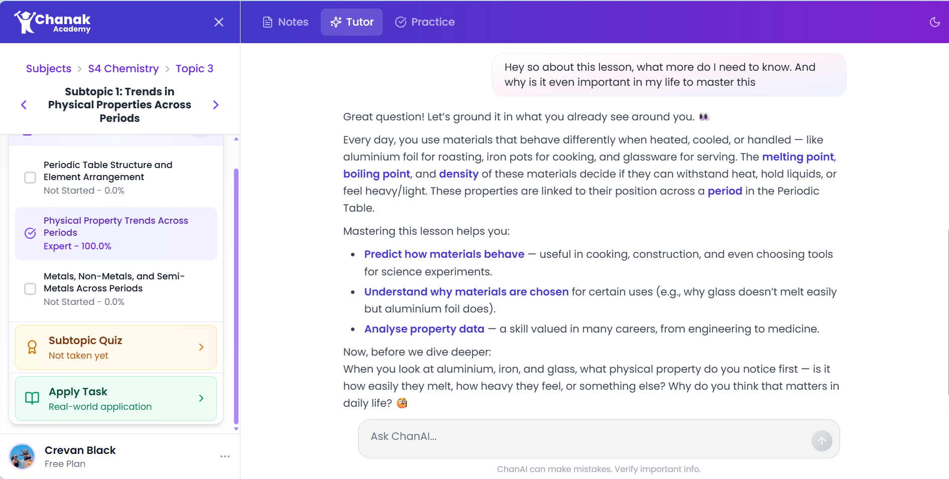 AI tutor conversation helping a student understand physical property trends